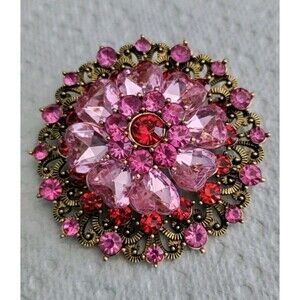 Pink & Red Gold Tone Flower Brooch 2.25" Diameter